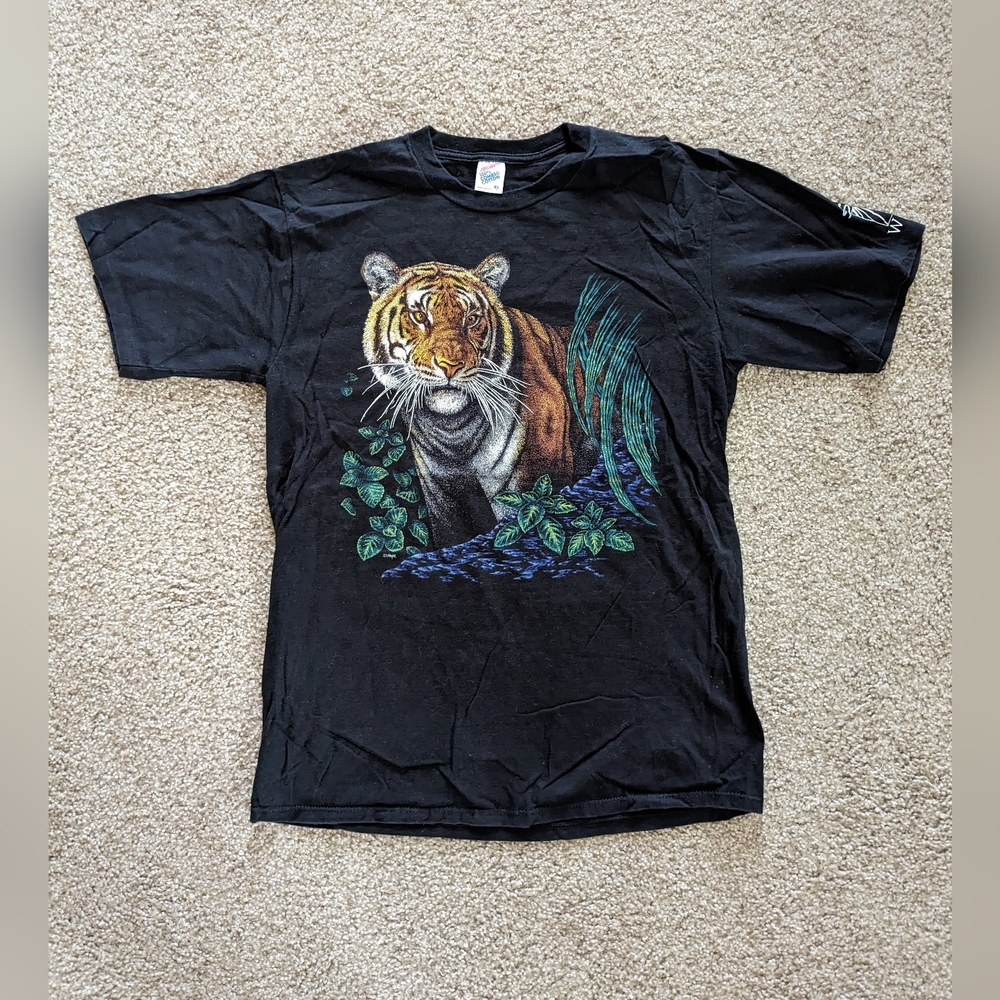 Vintage 90s Say It Wild T-Shirt X-Large Single Stitch Black Tiger Jungle Scene